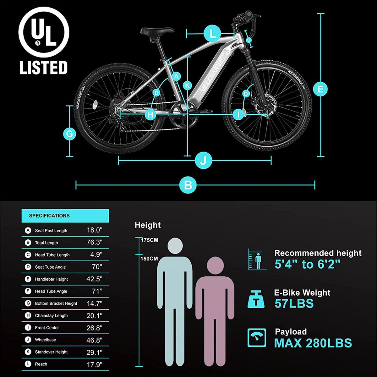 VELOWAVE Electric Bike Adults 500W 27.5'' Ebike 25MPH Mountain E-Bike 48V 13Ah Lithium-Ion Battery Removable  7-Speed UL Certified