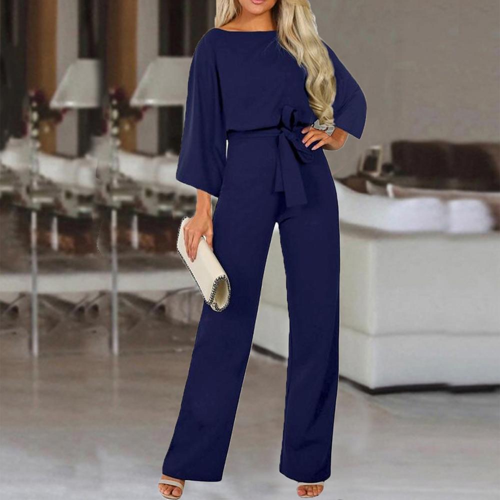 Solid Color Round Neck Long Sleeve Belted Jumpsuit