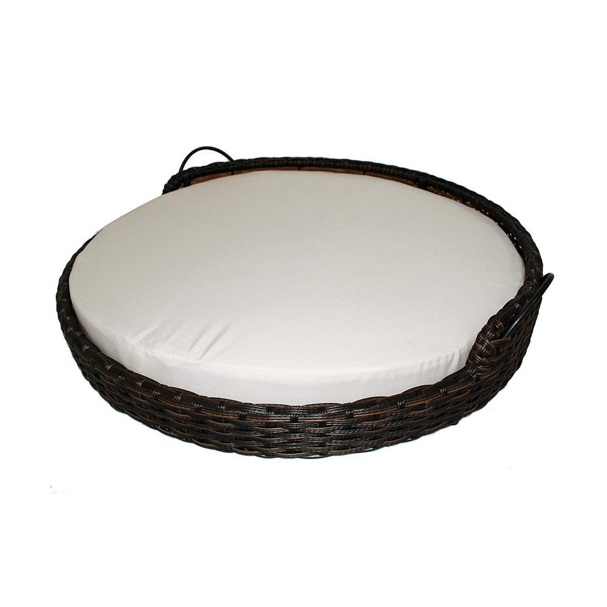 Iconic Pet Rattan / Wicker Round Pet Bed with Handles in Varying Sizes, Dog /Cat Bed made of Woven, Pliable Rattan, Metal Frame Chaise, Indoor / Outdoor LounFurniture, Water Resistant Cushion Cover
