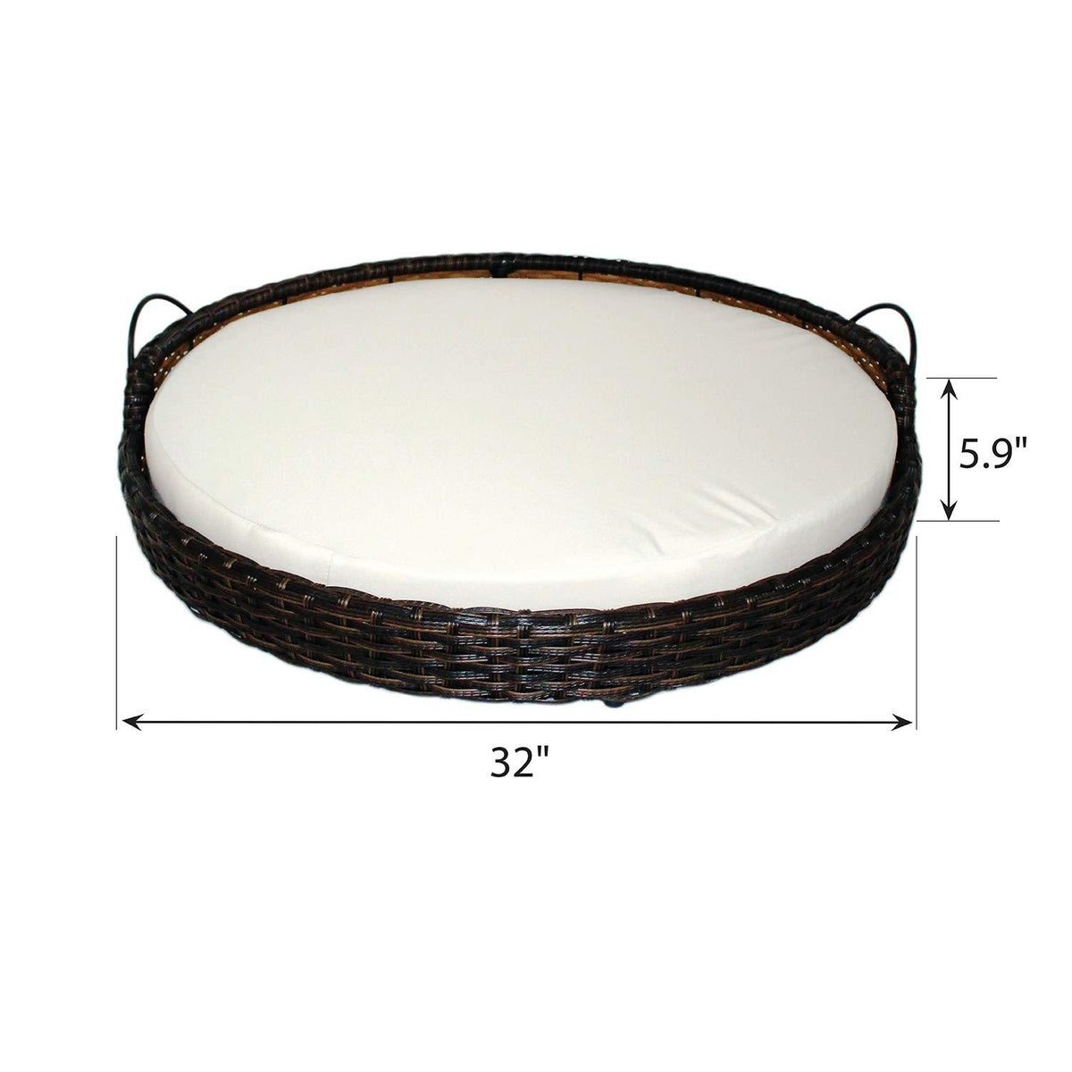 Iconic Pet Rattan / Wicker Round Pet Bed with Handles in Varying Sizes, Dog /Cat Bed made of Woven, Pliable Rattan, Metal Frame Chaise, Indoor / Outdoor LounFurniture, Water Resistant Cushion Cover