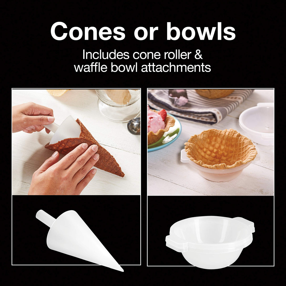 Waffle Cone and Ice Cream Bowl Maker With Browning Control | Fun And Fast, Cooks In 2-3 Minutes | Includes Cone Shaper Roller & Cup Press | 7.5” PFAS-Non-Stick Plates | White