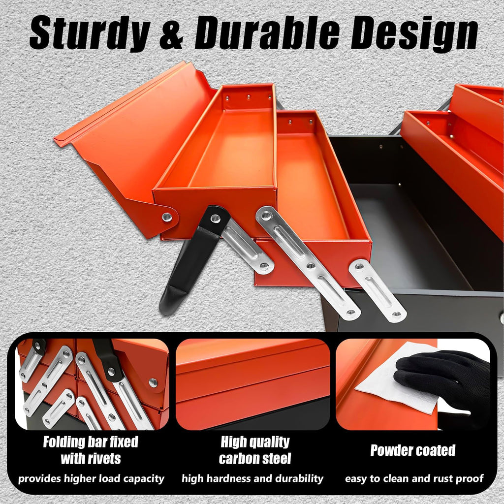 Metal Cantilever Tool Box, 18" * 8" * 8" Fold Out Tool Organizer with 3 Layers & 5 Trays, Portable Storafor Home, Studio, Auto Repair & Factory (Orange)