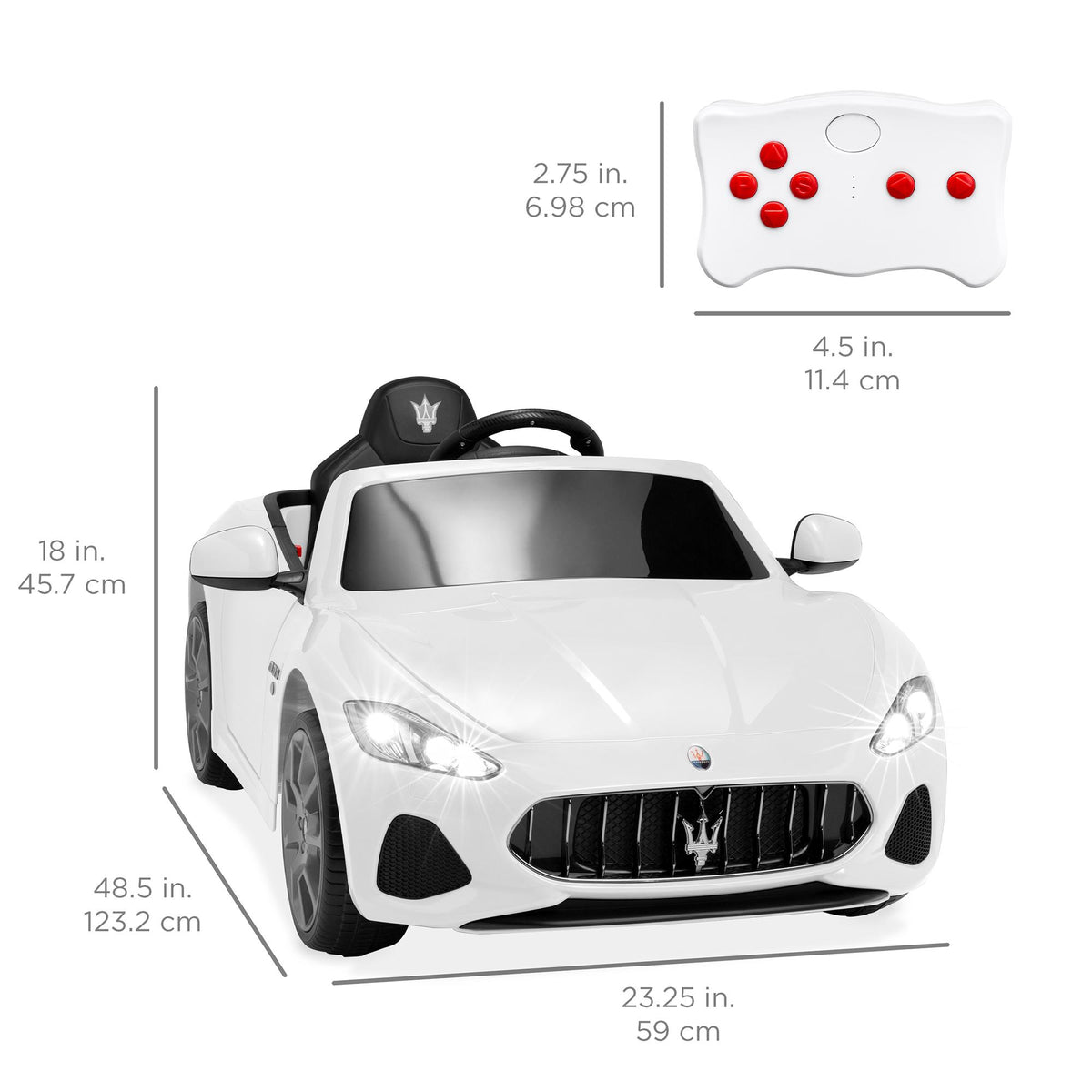 Kids 12V Licensed Maserati GranCabrio Ride On Sports Car w/ Remote Control, AUX, LED Lights - White