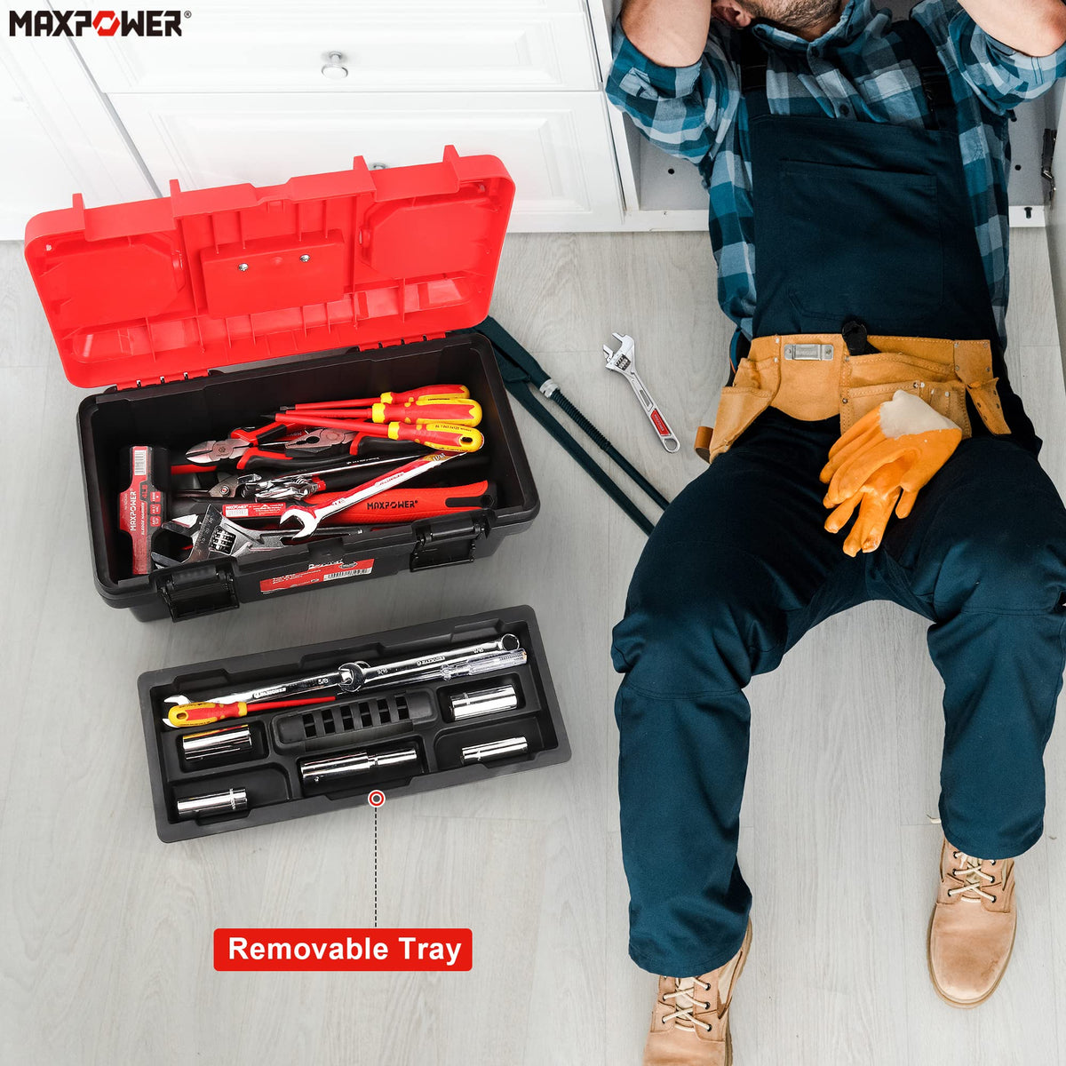 Tool Box 16 inch, Plastic Small Tool Box with Latch and Removable Tray, Lockable Toolbox for Home