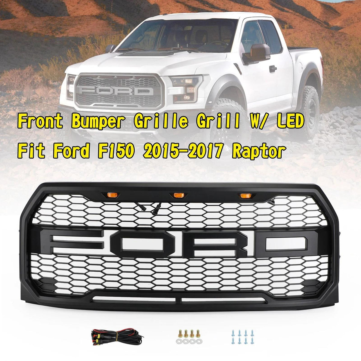 2015-2023 F150 Ford Raptor Style Black Front Bumper Grill W/ LED Grille Replacement Generic