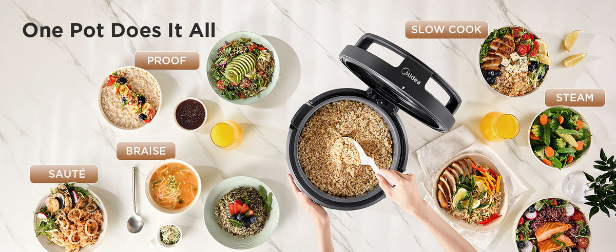 Rice Cooker for 8-Cups Uncooked Rice with 10 Multifunction CooPrograms Including Sauteing, Steaming, and Simmering, Features a Non-Stick Inner Pot with Handles and Glass Lid