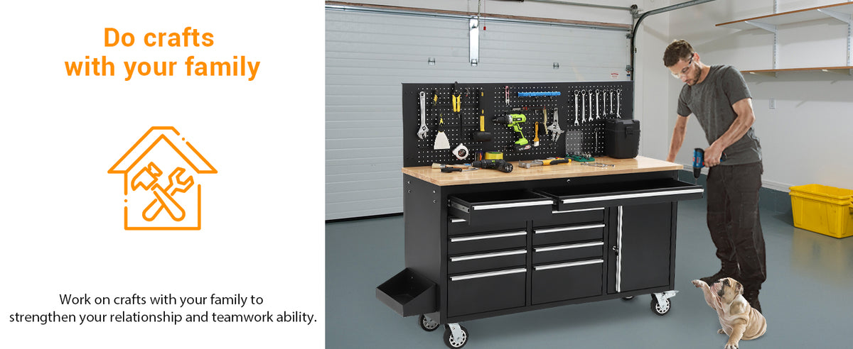 61-inch Rolling Tool Chest, 10 Drawers GaraWorkbench StoraTool Cabinet with Power Strip, Solid Rubber Top, 1675 LBS Load Mobile Workstation, Heavy Duty Rolling Cabinet, Silver