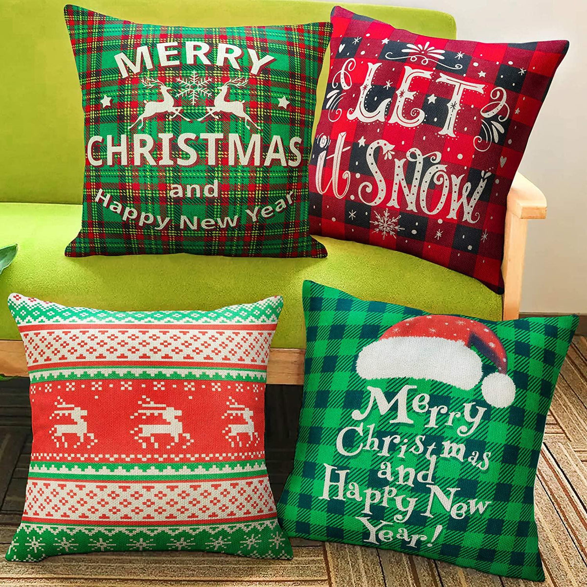 Christmas Throw Pillow Covers 18"x 18" Set of 4 Winter Decor Elk Home Decorations Pillow Covers Case Decorative Holiday Throw Pillows for Sofa, Couch, Bed and Car