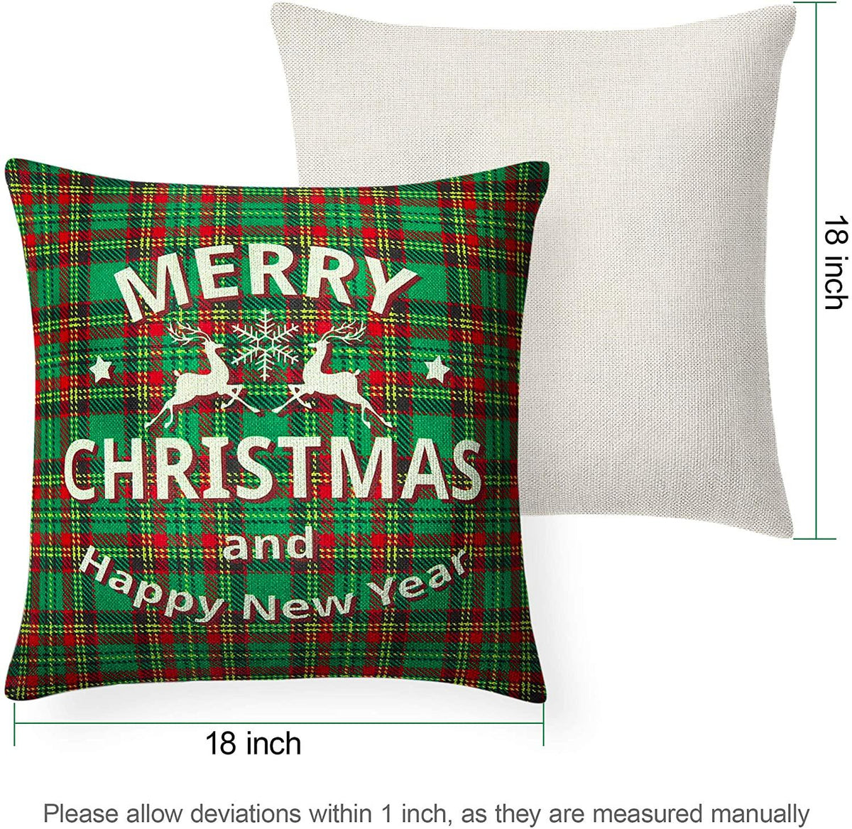 Christmas Pillow Set of 4 Pillowcases 18x18 Inch Buffalo Plaid Holiday Sofa Linen Pillows Christmas Decorations Xmas Cushion Invisible Cover Zipper Square Pillowcase