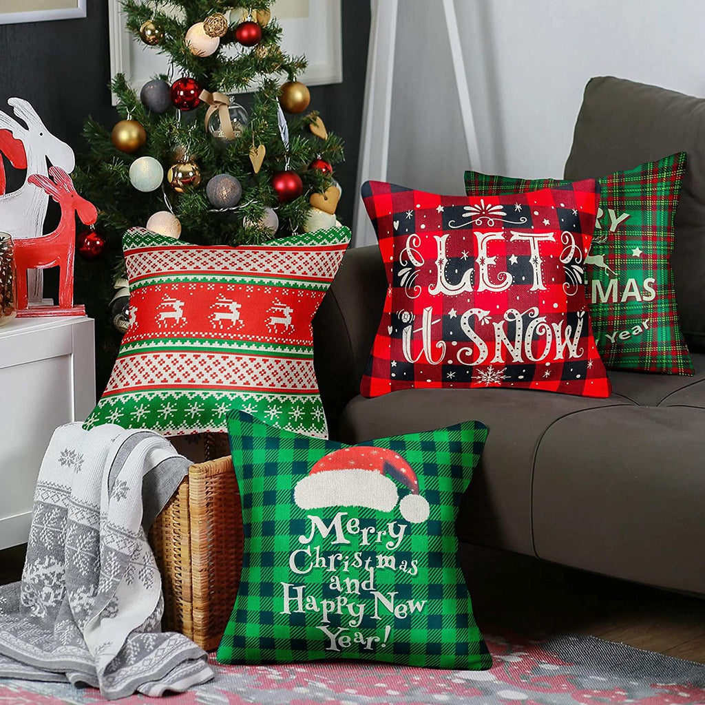 Christmas Pillow Set of 4 Pillowcases 18x18 Inch Buffalo Plaid Holiday Sofa Linen Pillows Christmas Decorations Xmas Cushion Invisible Cover Zipper Square Pillowcase