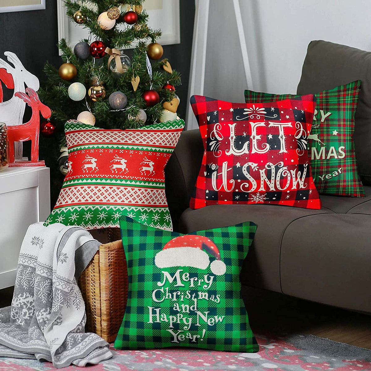 Christmas Pillow Set of 4 Pillowcases 18x18 Inch Buffalo Plaid Holiday Sofa Linen Pillows Christmas Decorations Xmas Cushion Invisible Cover Zipper Square Pillowcase