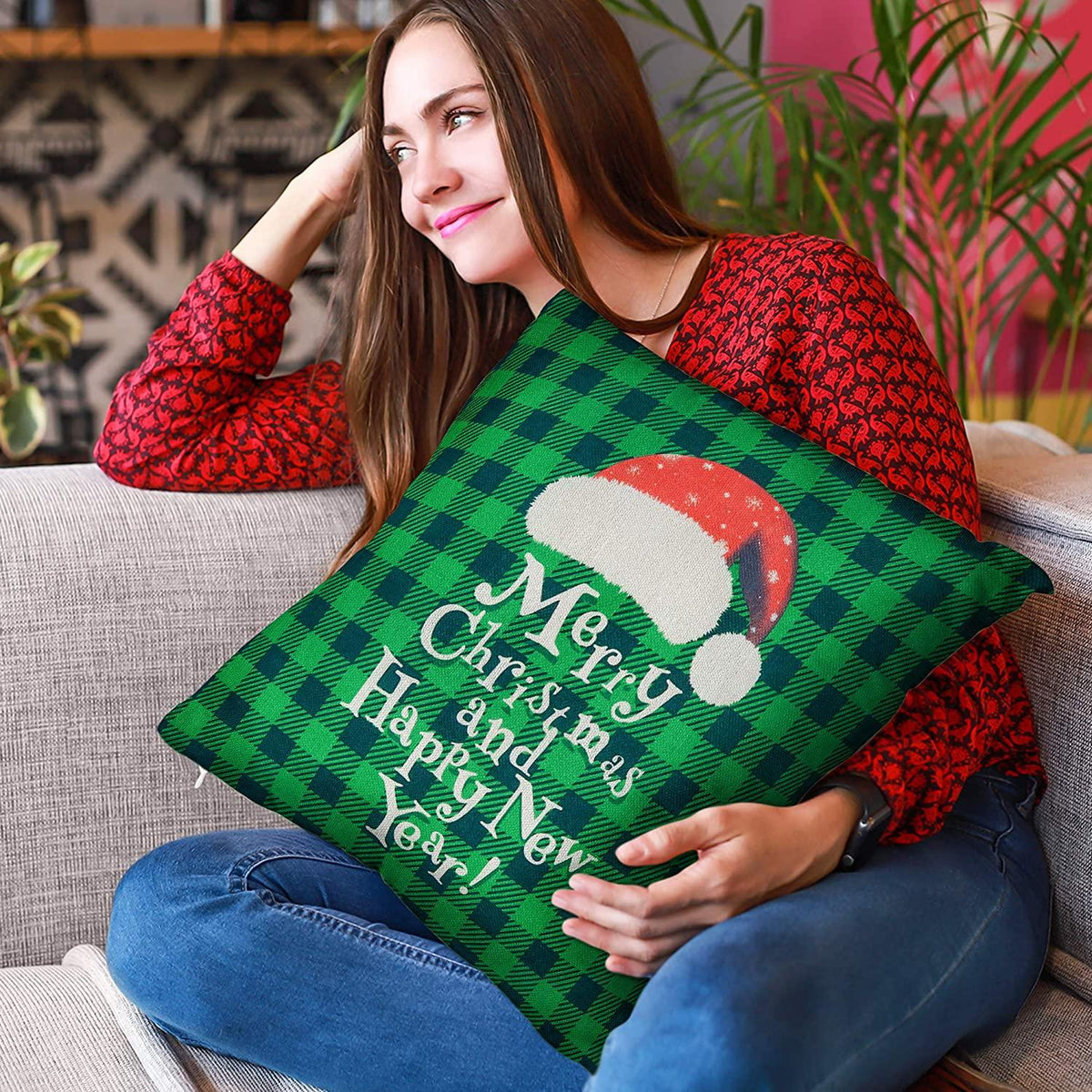 Christmas Throw Pillow Covers 18"x 18" Set of 4 Winter Decor Elk Home Decorations Pillow Covers Case Decorative Holiday Throw Pillows for Sofa, Couch, Bed and Car
