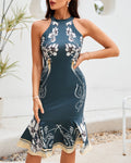 Floral Print Cutout Back High Neck Mermaid Dress