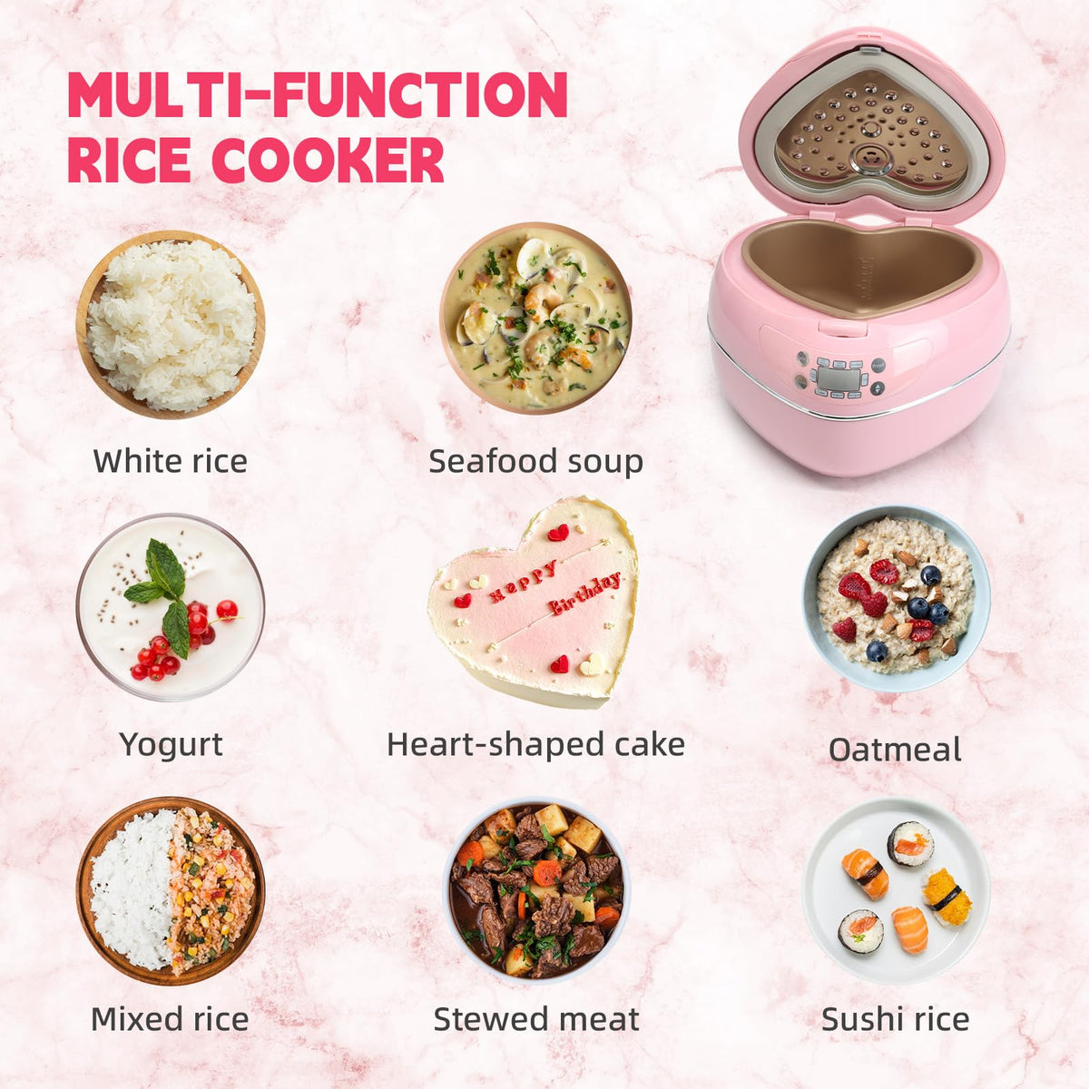 Peach Heart Shape Rice Cooker 8 Cup Cooked, 4 Cup Uncooked Rice, Multifunctional Pink Rice Cooker, 300w, with Preset Timer, 1.8L