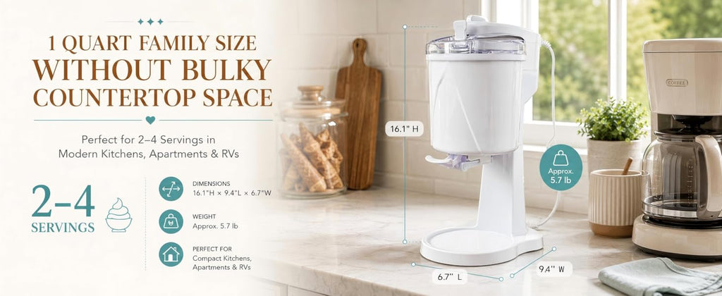 Soft Serve Ice Cream Maker for Home, 1 Quart Ice Cream Machine with Freezer Bowl, Dispensing Lever & Ingredient Chute, Frozen Yogurt, Gelato & Sorbet Maker, Countertop Dessert Machine