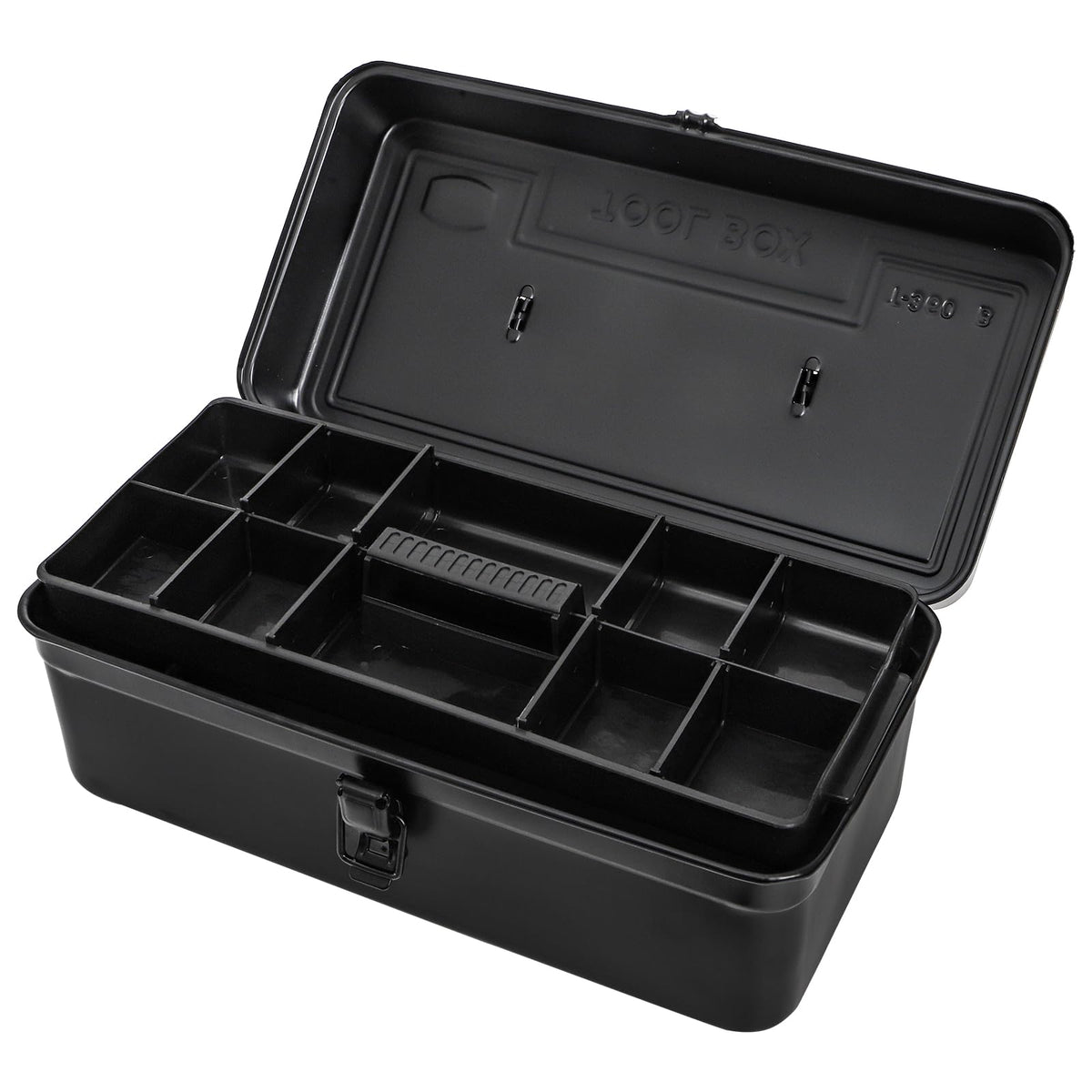 Metal Tool Box, 14" Portable Empty Toolbox with Handle, Latch Closure and Removable Divided StoraTray, Heavy Duty  Tools Organizer, Black