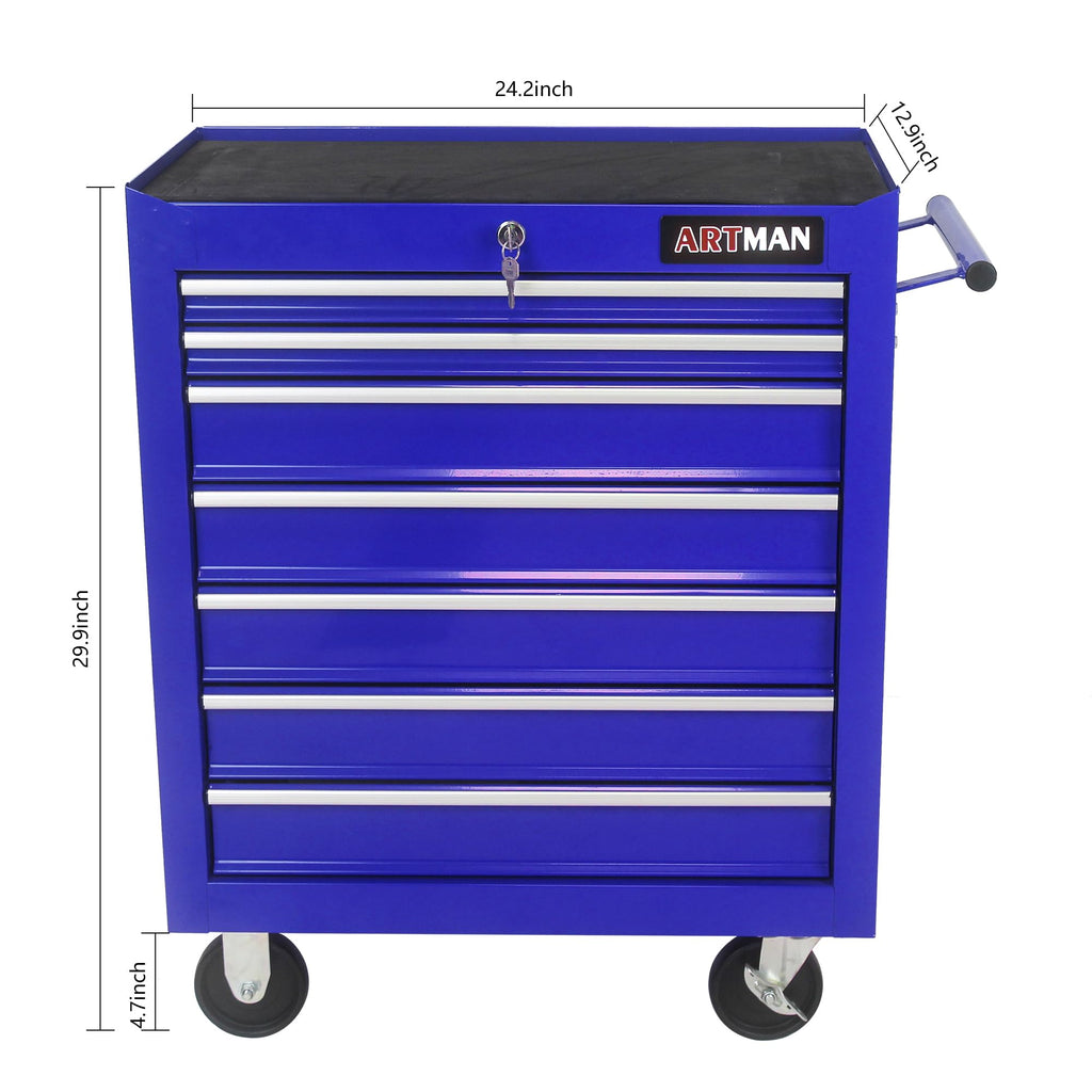 7 Drawers Rolling Tool Chest & Tool Box on Wheels | Heavy Duty Metal Cart with Ball Bearing Drawers | Fits US General Tool Box for GaraStora(Blue, 7 Drawers（29.9" H × 24.2" W × 12.9" D)