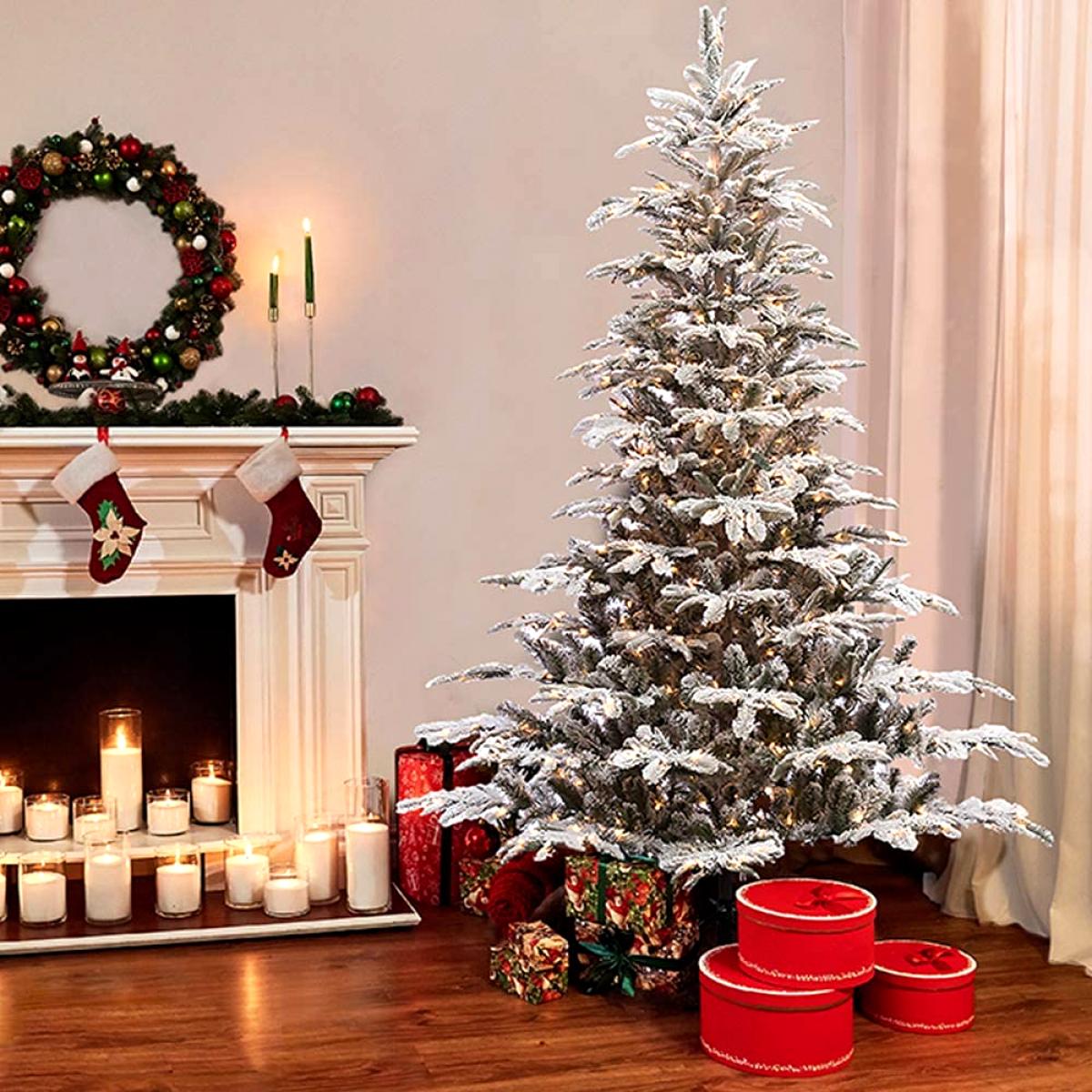 Puleo International 7.5 Foot Pre Lit Flocked Aspen Fir Artificial Christmas Tree