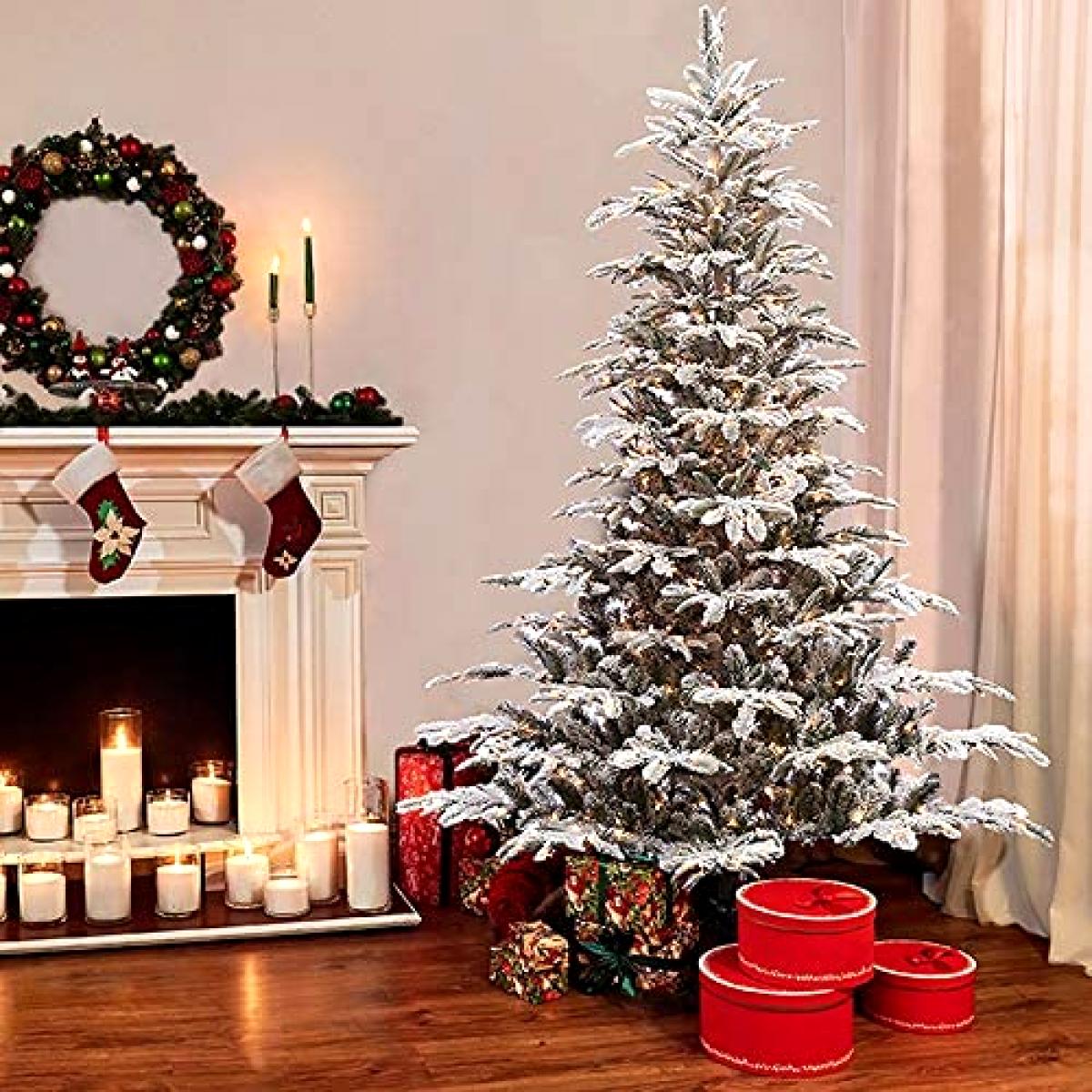 Puleo International 7.5 Foot Pre Lit Flocked Aspen Fir Artificial Christmas Tree
