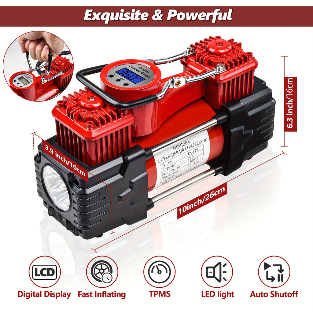 Twin Cylinder Air Compressor, 12V Portable Heavy Duty Tire Inflator With Digital GauCar Pump Auto Shut-Off For Vehicle, Bicycle And Other