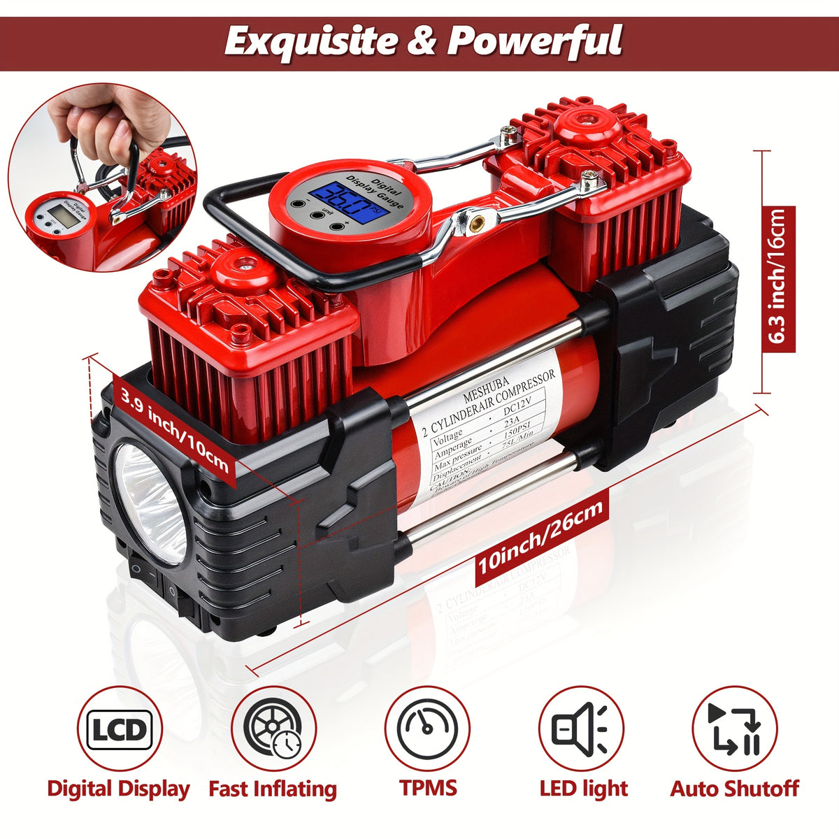 Twin Cylinder Air Compressor, 12V Portable Heavy Duty Tire Inflator With Digital GauCar Pump Auto Shut-Off For Vehicle, Bicycle And Other