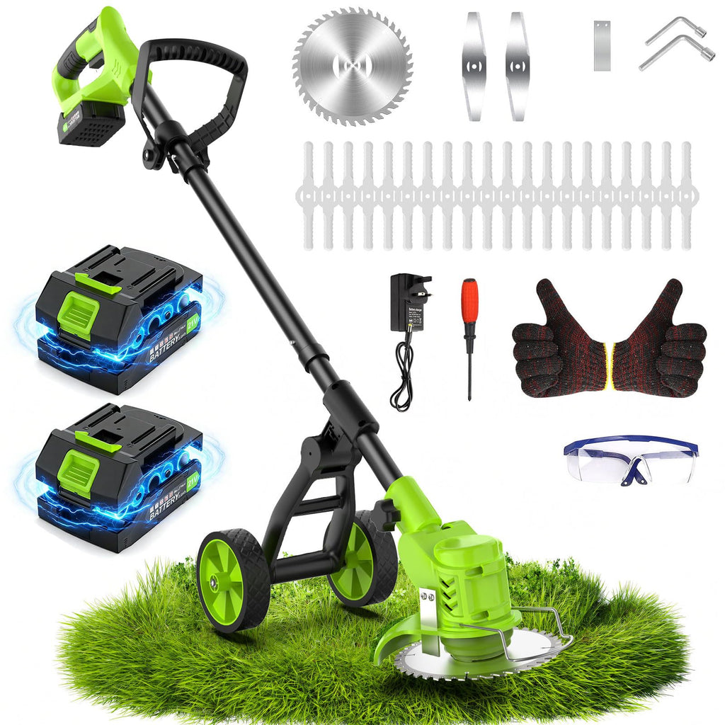 Weed Wacker Battery Powered with Wheel, Electric Weed Eater Cordless Brush Cutter String Trimmer, 4000mAh Stringless Weed Trimmer Lightweight Grass Trimmer Mower, 2 Battery and Charegr