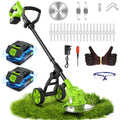 Weed Wacker Battery Powered with Wheel, Electric Weed Eater Cordless Brush Cutter String Trimmer, 4000mAh Stringless Weed Trimmer Lightweight Grass Trimmer Mower, 2 Battery and Charegr