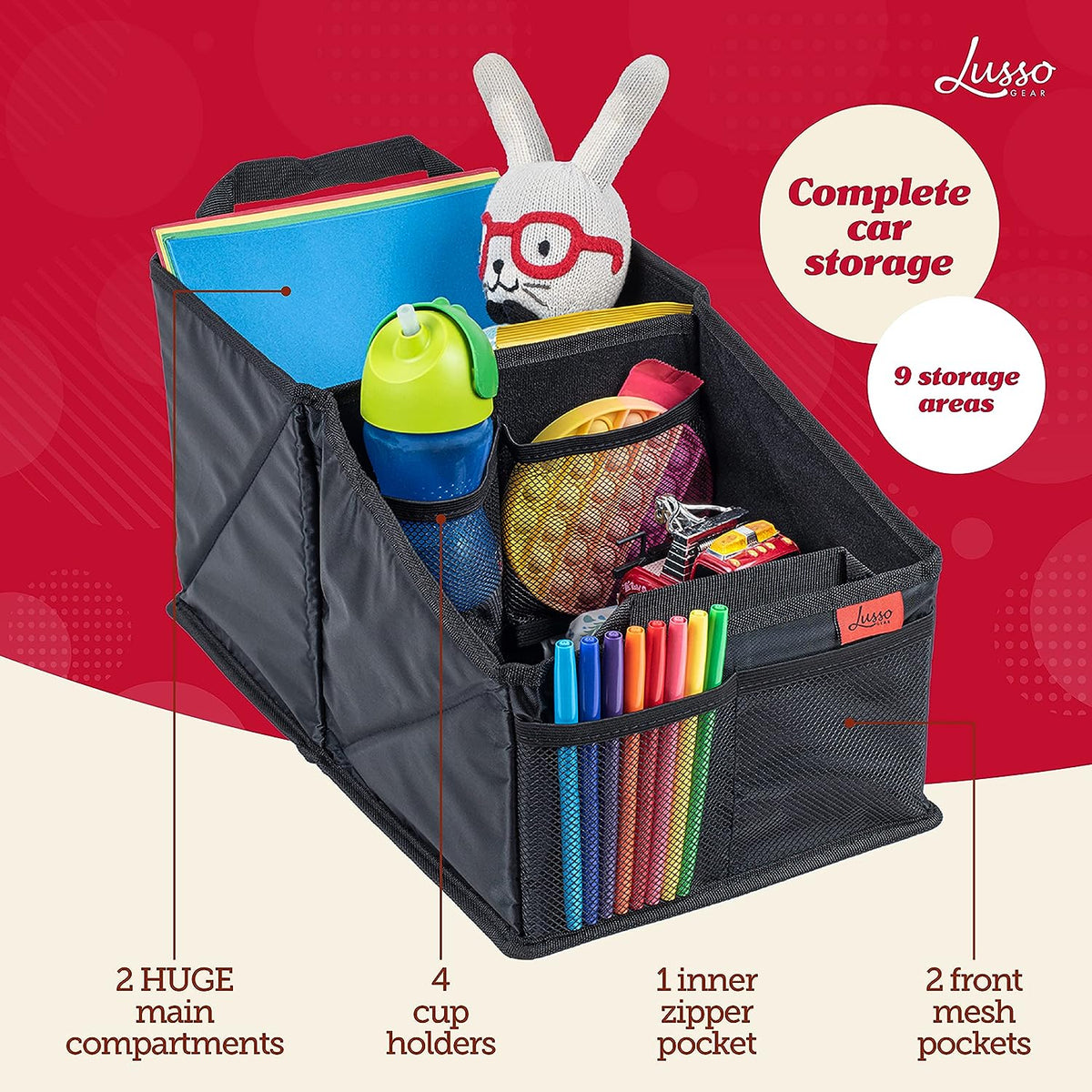 Lusso Gear Car Seat Organizer with Cup Holders for Front, Back, Passenger Seats, Truck and Van, 9 Auto Storage Compartments for Travel Organization of Trunk, Seats, Mobile Office (Gray)