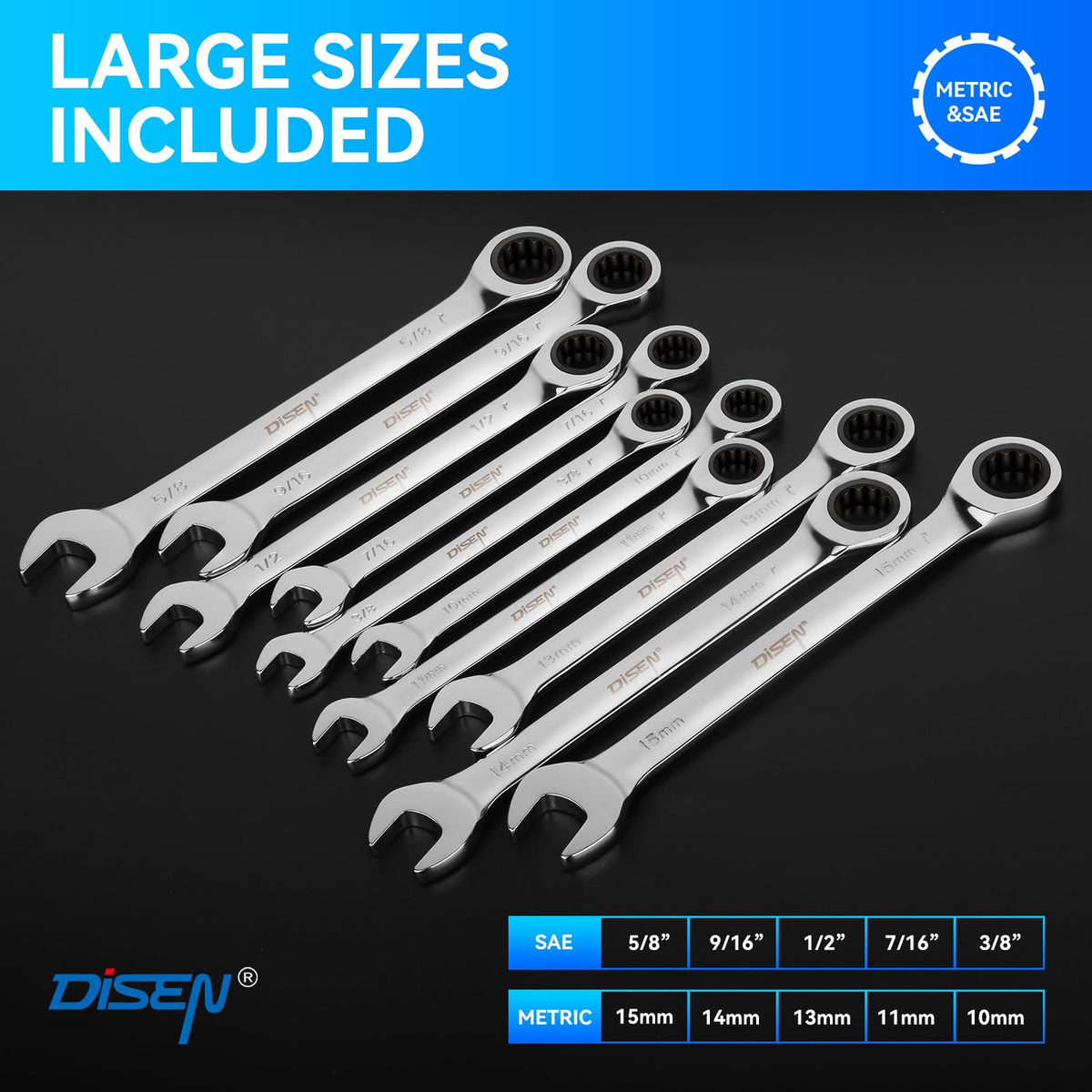 10Pcs Ratcheting Wrench Set SAE & Metric Ratchet Wrench Set with Rack Organizer, Premium CR-v Steel, 12 Point, 72 Teeth,Box End and Open End Ratcheting Wrench Set,Metric 10-15mm&SAE 3/8''-5/8''