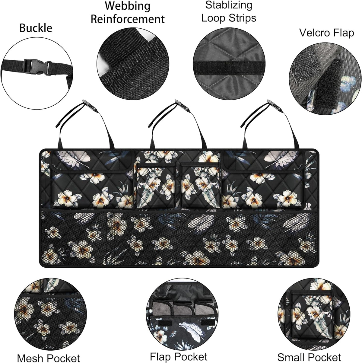 Femuar Car Trunk Organizer,Large Capacity Backseat Trunk Organizer(42"*18"),Collapsible Car Storage Bag with 8 Pocekt,Car Organizer for SUV/MPV/Truck - Hibiscus