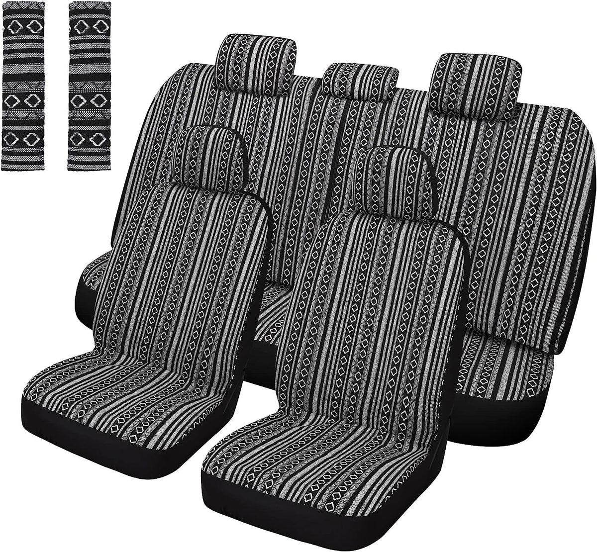 Pariitadin Baja Saddle Blanket Car Seat Covers Full Set with Seat Belt Pads, Washable Breathable Striped Woven Cloth Seat Covers for Cars, Universal Fit Most Cars, Airbag Compatible, Black/White