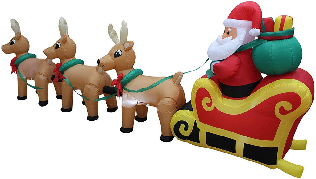 Two Christmas Party Decorations Bundle, Includes 6 Foot Long Christmas Inflatable Penguins Fishing on Polar Bear, and 12 Foot Long Christmas Inflatable Santa Claus on Sleigh with 3 Reindeer and Tree