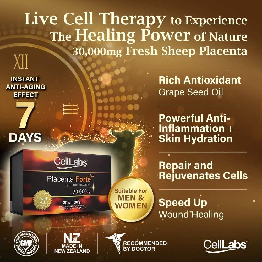 CellLabs Fresh Sheep Placenta Forte Plus 30,000mg Premium Quality Stem Cell Supplement | Rich Antioxidant | Anti Aging | Speedy Healing & Vitality | Immunity Booster | 60's Capsules