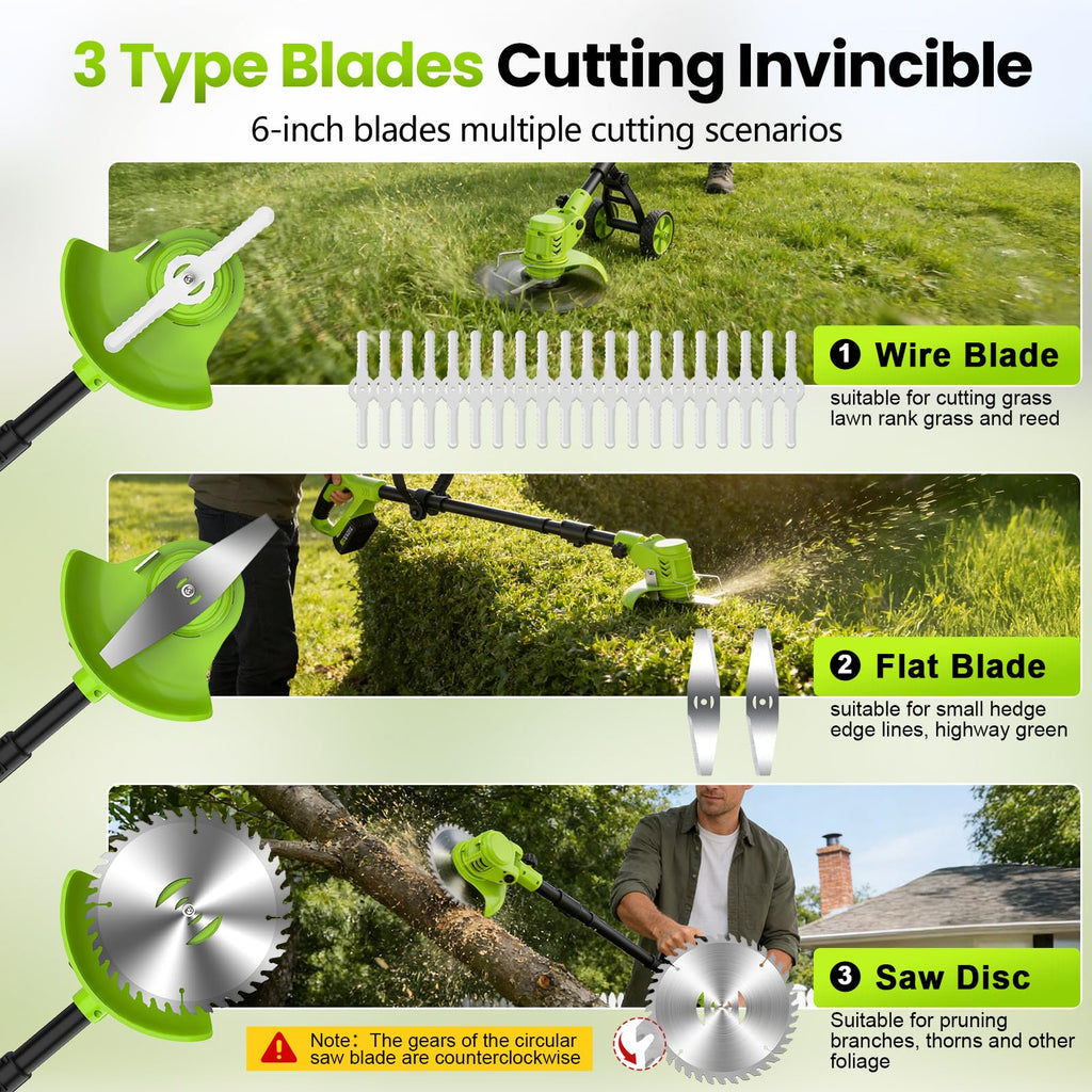 Weed Wacker Battery Powered with Wheel, Electric Weed Eater Cordless Brush Cutter String Trimmer, 4000mAh Stringless Weed Trimmer Lightweight Grass Trimmer Mower, 2 Battery and Charegr