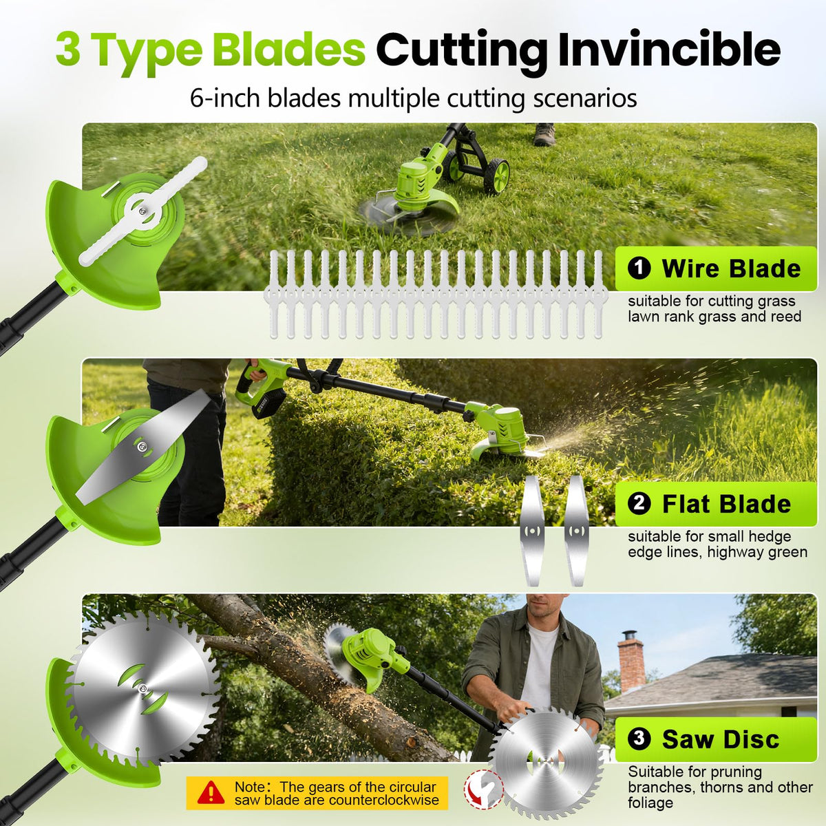 Weed Wacker Battery Powered with Wheel, Electric Weed Eater Cordless Brush Cutter String Trimmer, 4000mAh Stringless Weed Trimmer Lightweight Grass Trimmer Mower, 2 Battery and Charegr