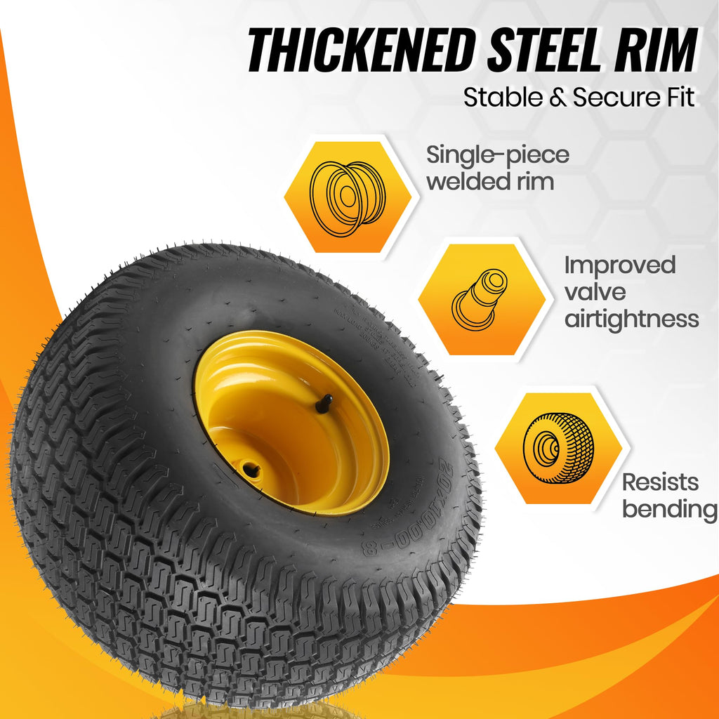 20x10.00-8 Tubeless Lawn Mower Tire and Wheel Assembly (2-Pack), 4-Ply Rear Tire with Steel Rim, 3/4" Bore &amp; 3/16" Keyway, 3.5" Offset Hub, S-Turf Tread, Riding Lawn Mower &amp; Garden Tractor