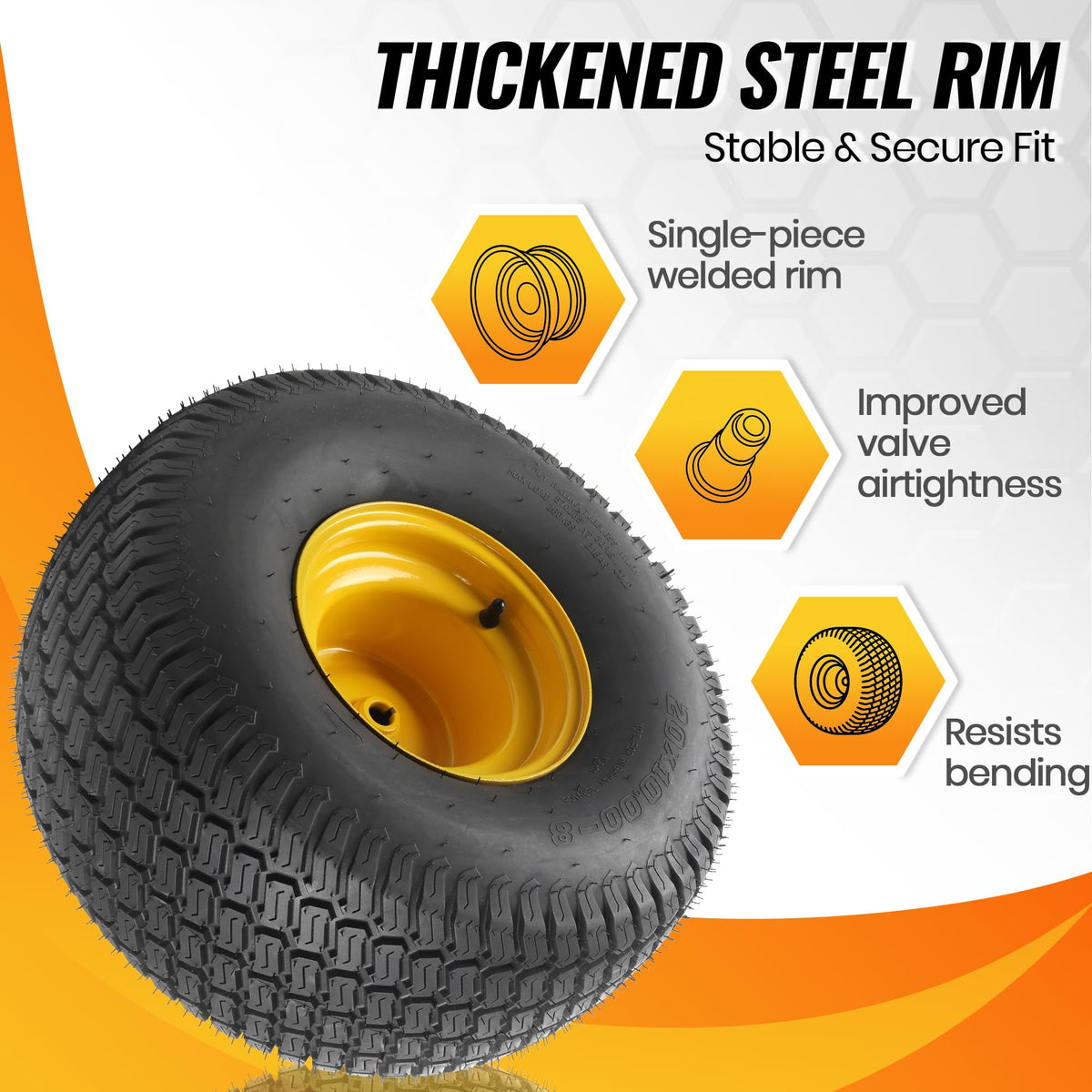 20x10.00-8 Tubeless Lawn Mower Tire and Wheel Assembly (2-Pack), 4-Ply Rear Tire with Steel Rim, 3/4" Bore &amp; 3/16" Keyway, 3.5" Offset Hub, S-Turf Tread, Riding Lawn Mower &amp; Garden Tractor