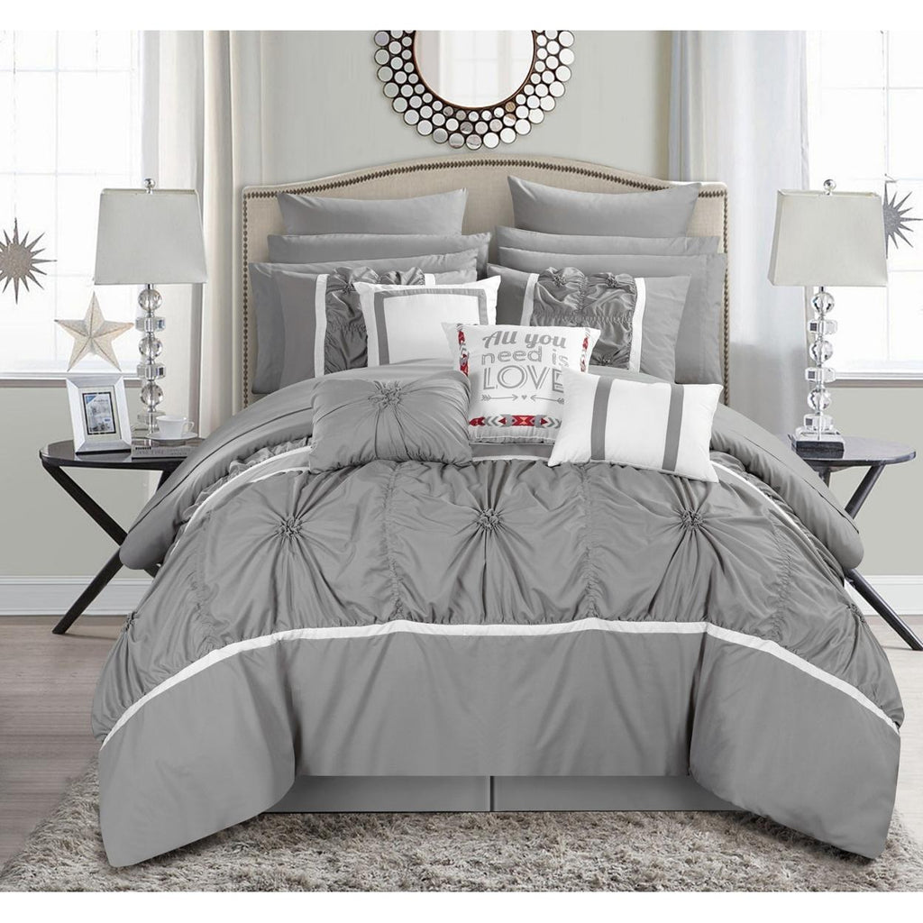 Chic Home CS2764-US Ashville Queen Size Comforter Set, Grey - 16 Piece