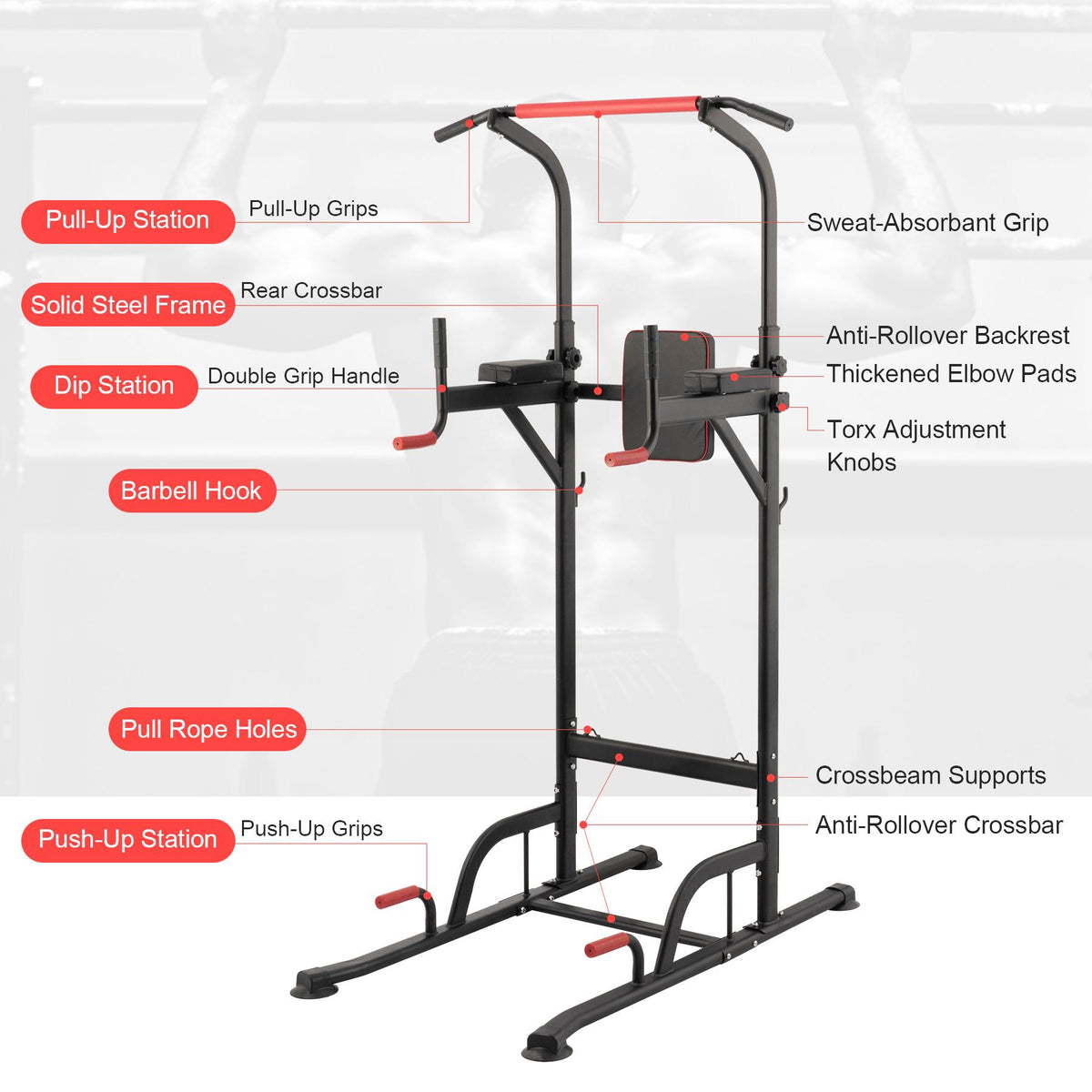 Power Tower Pull Up Bar Dip Station Adjustable Height Home Gym Workout Equipment