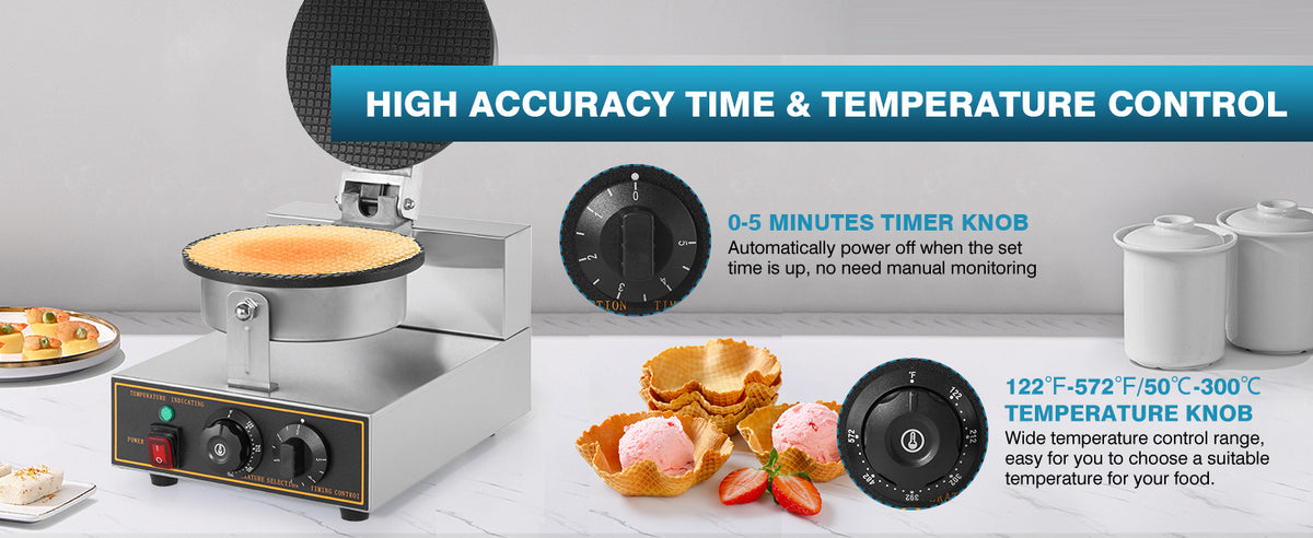 Commercial Waffle Cone Maker Machine, 110V 1200W  Steel Electric Ice Cream Cone Waffle Maker Machine with 8.3” Non-stick BaTray, Temperature & Time Control for Restaurant