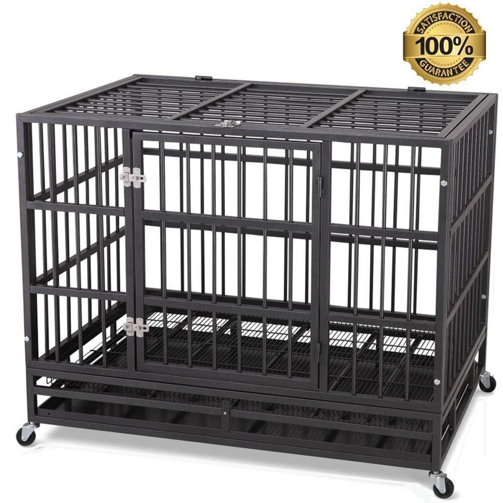 JY QAQA PET Heavy Duty Dog CaStrong Folding Metal Crate Kennel for Medium and LarDogs with Double Door, Two Prevent Escape Lock, Tray and Rolling Wheels (36 38'' 42 48")