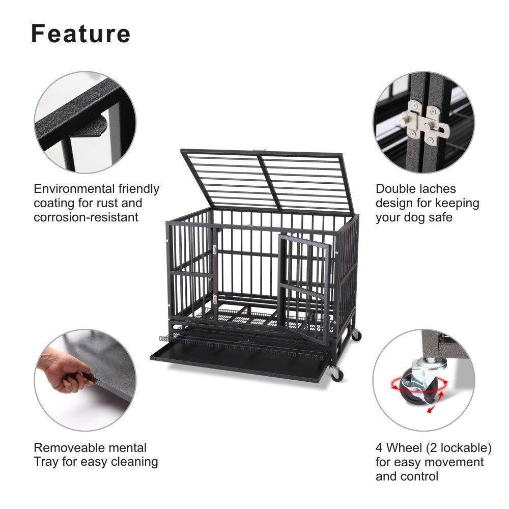 JY QAQA PET Heavy Duty Dog CaStrong Folding Metal Crate Kennel for Medium and LarDogs with Double Door, Two Prevent Escape Lock, Tray and Rolling Wheels (36 38'' 42 48")