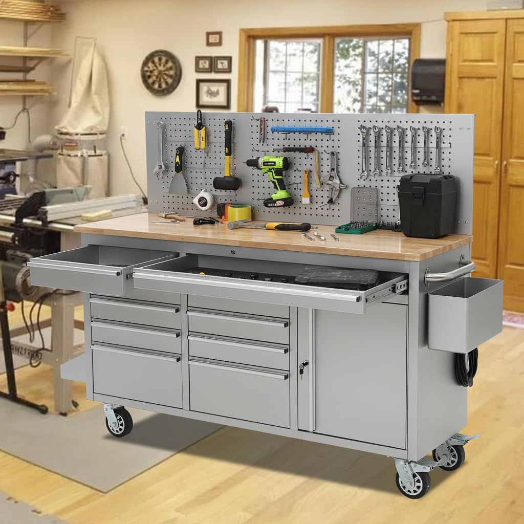 61-inch Rolling Tool Chest, 10 Drawers GaraWorkbench StoraTool Cabinet with Power Strip, Solid Rubber Top, 1675 LBS Load Mobile Workstation, Heavy Duty Rolling Cabinet, Silver
