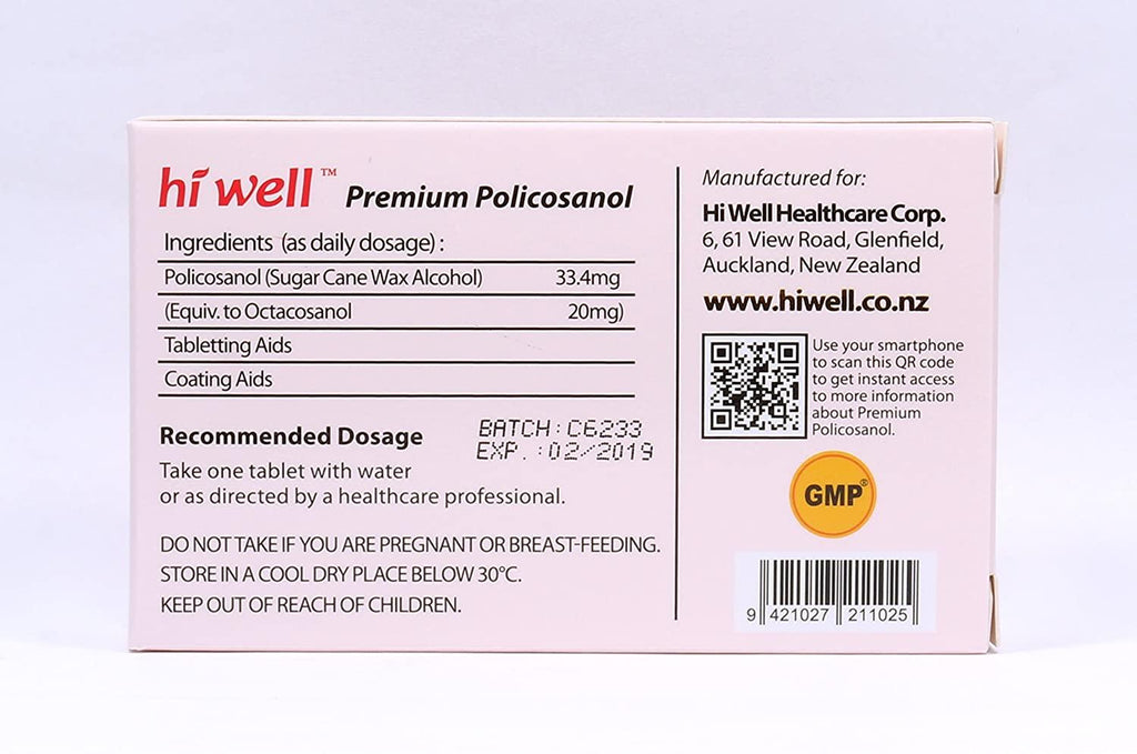 Hiwell Premium Policosanol 33.4mg (Octacosanol 20mg) 60 Tablets (Pack of 4)