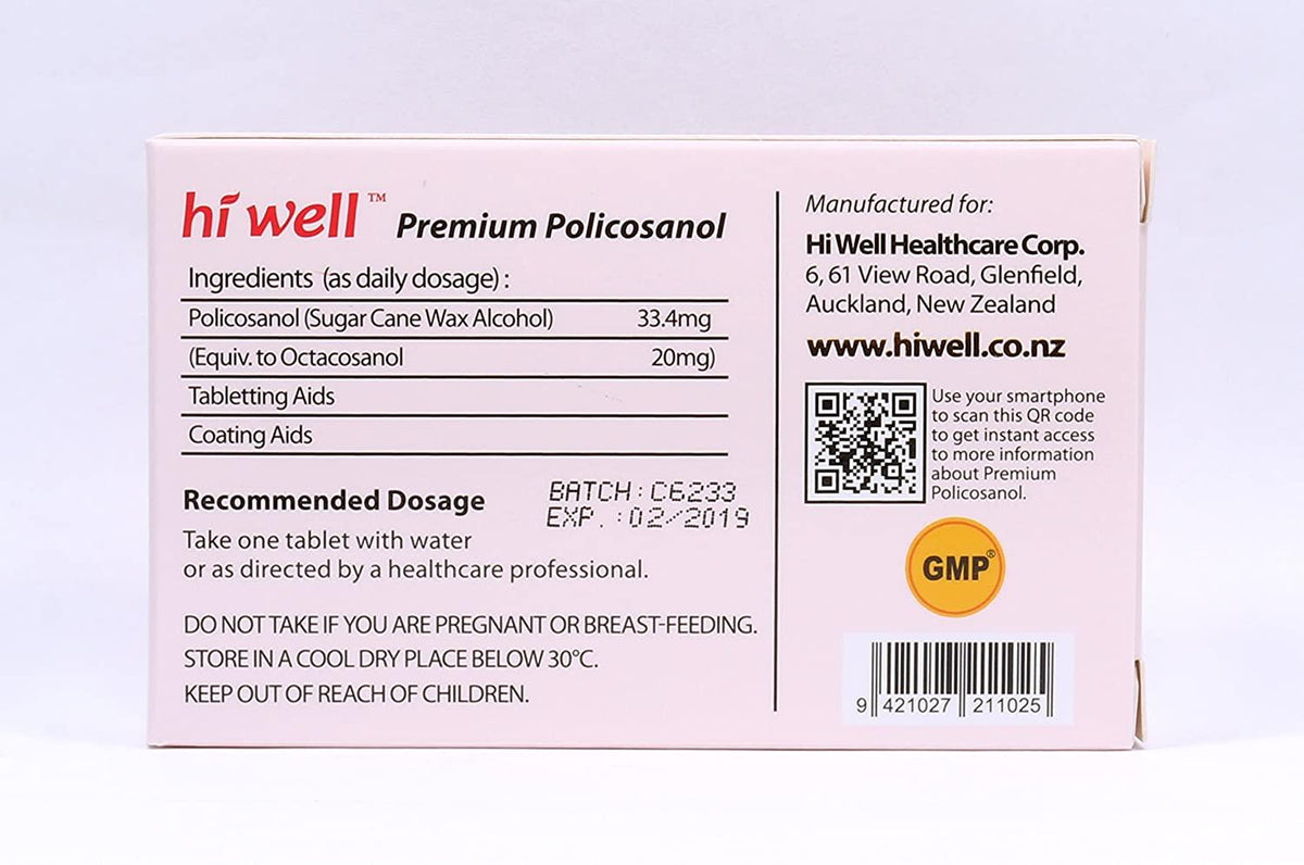 Hiwell Premium Policosanol 33.4mg (Octacosanol 20mg) 60 Tablets (Pack of 4)
