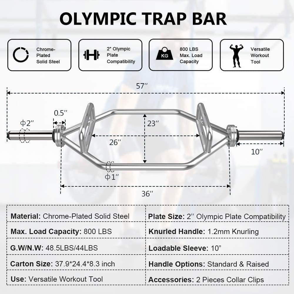 Bigzzia Olympic Hex Bar Barbell Bars - 56" Deadlift Trap Bar Weights Lifting Shrug Bar w/ Knurled Handles For Trap/Shoulder Exercises