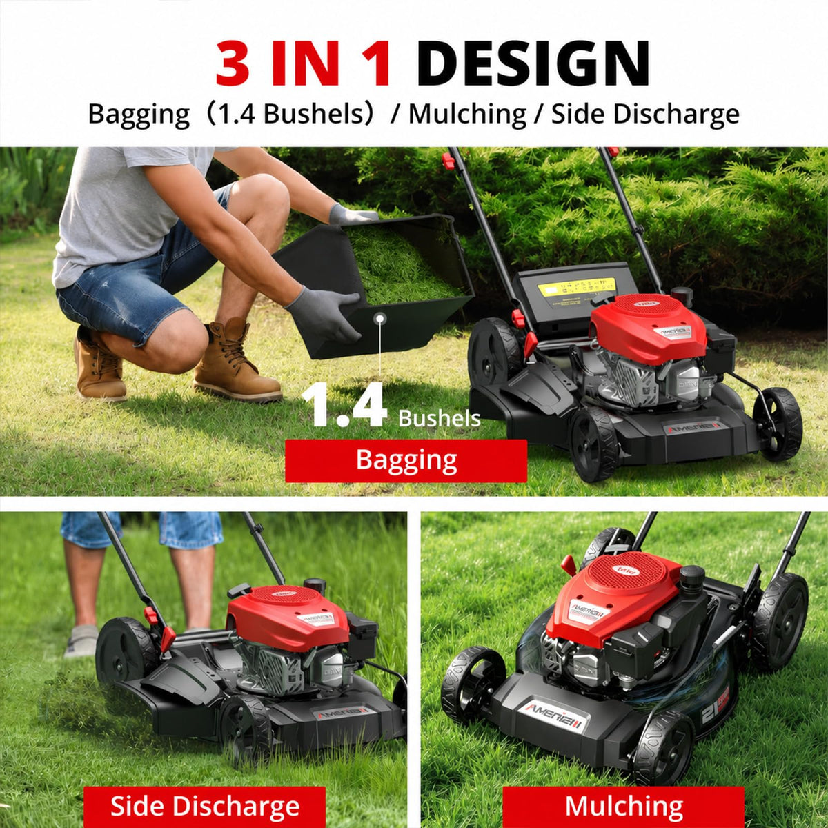 21" Steel Deck Gas Lawn Mower, 3-in-1 Push Mower, 144cc 4-Stroke OHV Engine, 6 Height Adjustment, 1.4 Bushel Grass Catcher with Bagging, Mulching &amp; Side DischarEfficient for Yard Garden
