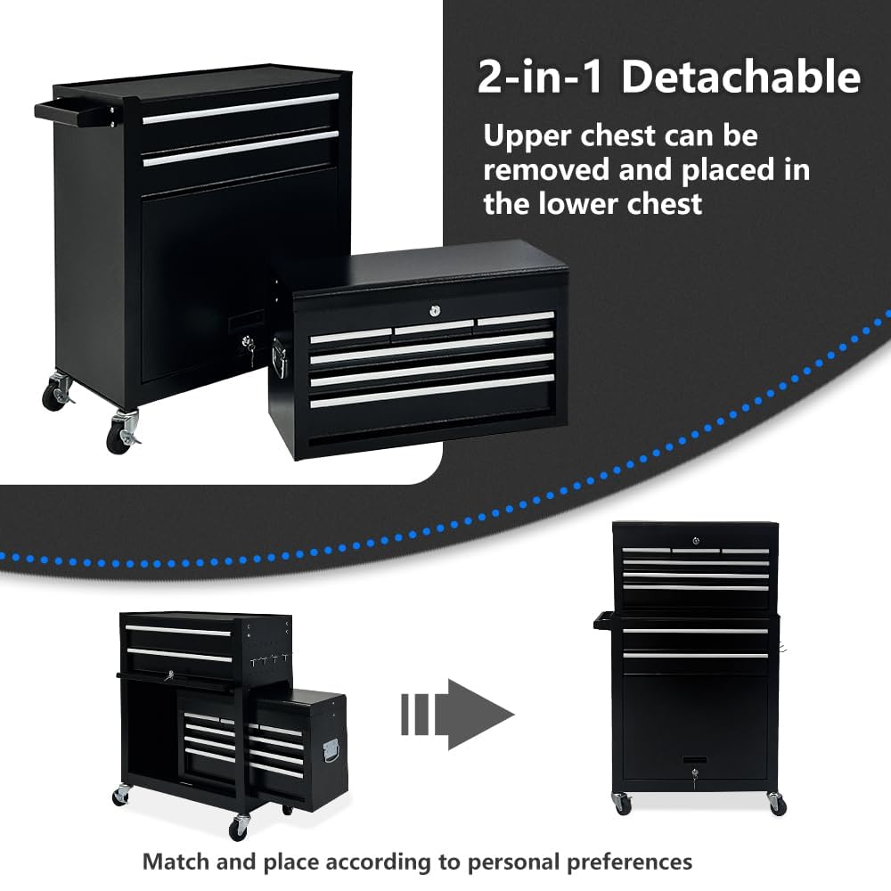 8-Drawer Rolling Tool Chest with Multiple Drawers, Heavy Duty Metal Tool Cabinet for Garaand Workshop Storage, Lockable Top Chest, Black