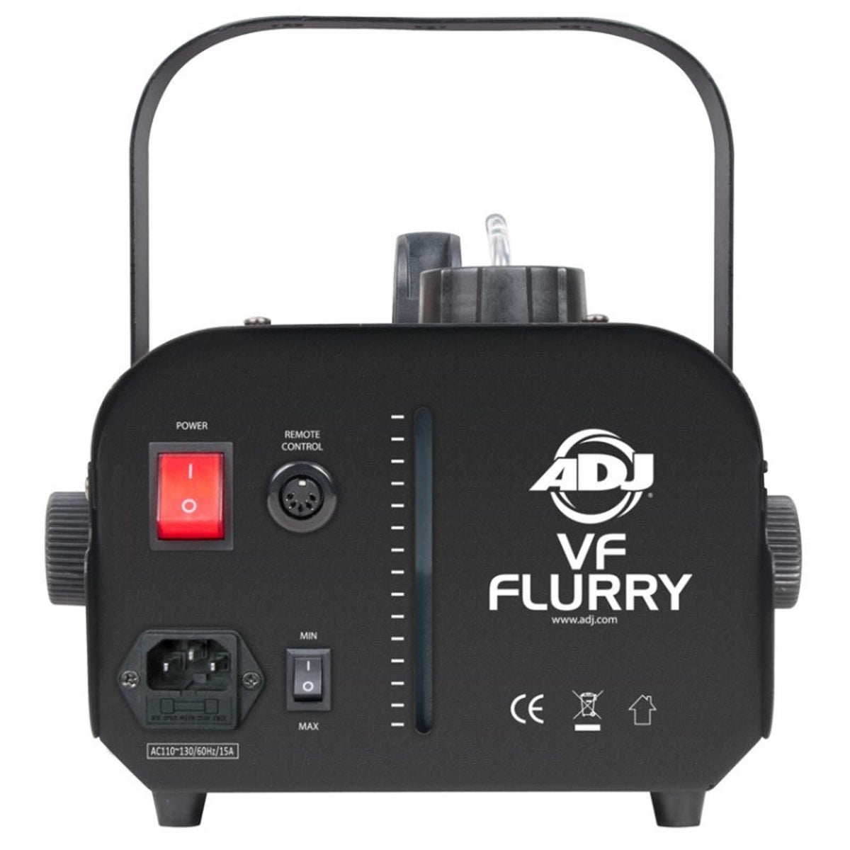 (2) American DJ VF Flurry High Output Snow Machines w/ Remotes &amp; (2) Snow Fluids