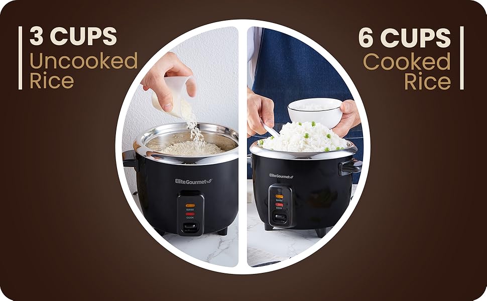 ERC006SS 6-Cup Electric Rice Cooker with  Steel Inner Pot, Makes Soups, Stews, Porridges, Grains and Cereals, 6 cup (3 cups uncooked), Black